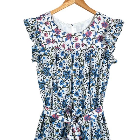 VINTAGE Smocked Floral Tapestry Ruffled Boho Midi Waist Tie Dress - Picture 6 of 11